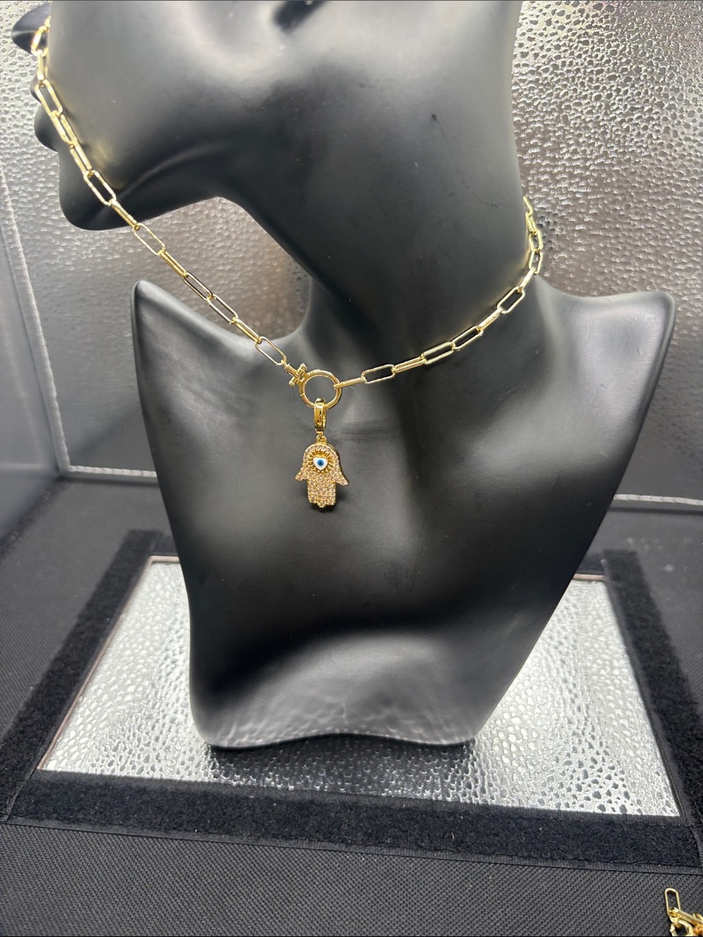 Gold Hamsa Hand Pendant Necklace with Blue Eye Accent - Women Jewelry
